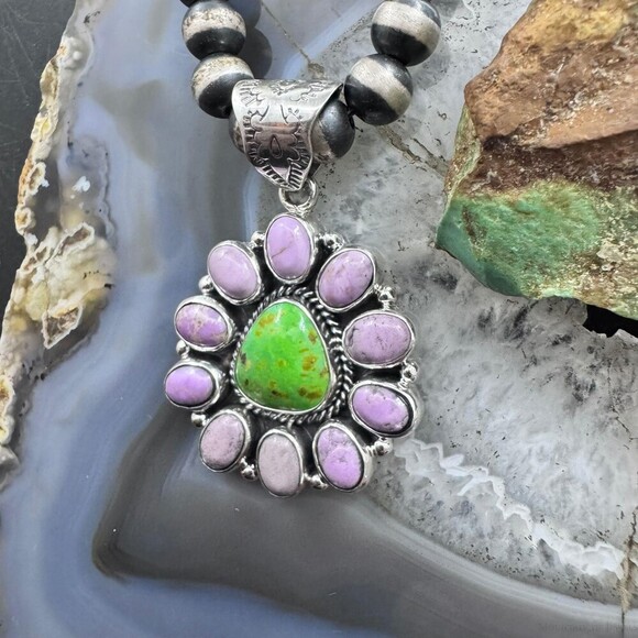 Native American Sterling Green Turquoise w/Phosphosiderite Cluster Pendant - Picture 2 of 10